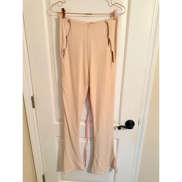 Oh Polly Trousers Women High Waisted Cut Out Flare 6 Sand Rhinestone 4684-T NWT - Picture 4 of 11